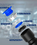 Push-to-connect pneumatic fitting exploded view showing blue round release cap, zinc alloy card set, and rubber ring.
