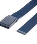 Reversible 1.5 Inch Golf Belt In Navy And Grey, 48 Inch Length, cut to size, recycled polyester with metal buckle and raised logo close-up