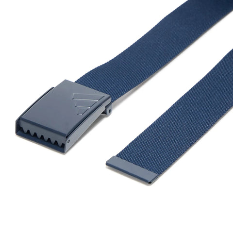 Reversible 1.5 Inch Golf Belt In Navy And Grey, 48 Inch Length, cut to size, recycled polyester with metal buckle and raised logo close-up