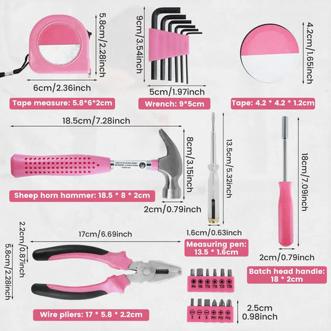 Pink Mini Tool Kit For Women, 48-Piece Multi-Purpose Home Hand Tool Set With Case, Essential Household Repair Kit components