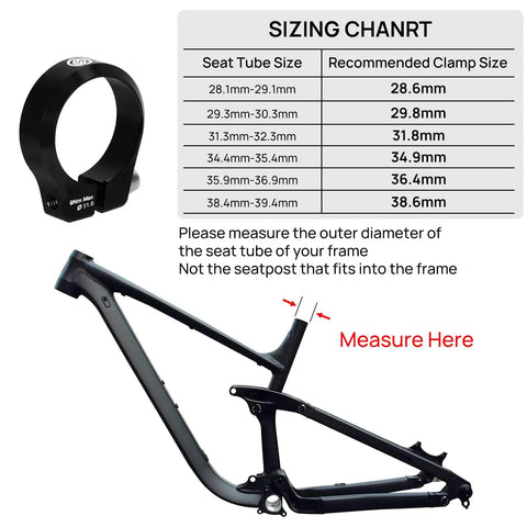 Heavy Duty Aluminum Bike Seat Post Clamp For MTB And Road Bikes Fits 28.6 29.8 31.8 34.9 36.4 38.6mm with sizing chart and frame