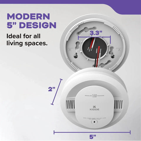 Hardwired Smoke And Carbon Monoxide Alarm With Voice Alerts, 10 Year Sealed Battery Backup, Interconnected Combo Fire And CO Detector, Model 30CUA10 V, Easy Install, UL Listed, Includes Cloth, 5-inch design, ideal for living spaces.