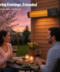 Couple enjoying an evening under a Powerful 1500W Outdoor Patio Heater With Remote Control IP65 Waterproof All Weather Design Wall Mounted Indoor Outdoor Heating For Patio Deck Garage Backyard Keeps You Toasty 24H Timer Memory Function Black.