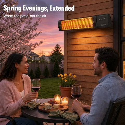 Couple enjoying an evening under a Powerful 1500W Outdoor Patio Heater With Remote Control IP65 Waterproof All Weather Design Wall Mounted Indoor Outdoor Heating For Patio Deck Garage Backyard Keeps You Toasty 24H Timer Memory Function Black.
