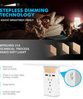 Two Pack Wall Outlet Extender With Built In Shelf And Night Light 8 Ports Total 6 AC Outlets Plus 2 USB, dimming technology