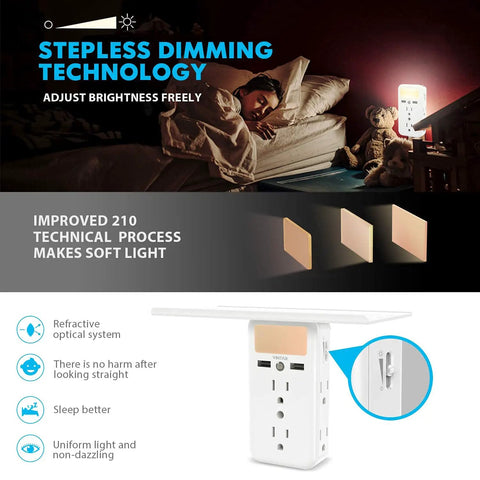 Two Pack Wall Outlet Extender With Built In Shelf And Night Light 8 Ports Total 6 AC Outlets Plus 2 USB, dimming technology