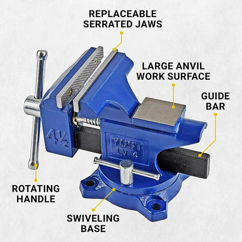 Heavy Duty Rock Solid Home Workshop Bench Vise Four Point Five Inch Wide Jaw with replaceable serrated jaws and swivel base