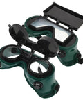 Heavy Duty Industrial Welding Safety Goggles With Dual Lens Impact Protection And Dustproof Housing, green housing and flip up lens.