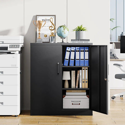 Heavy Duty Metal Storage Cabinet With Locking Doors 2 Door Steel Locker With Adjustable Shelves Rustproof Powder Coated Black