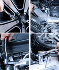 High Performance 4 Piece Steel Impact Socket Adapter And Reducer Kit For Wrenches That Gets Down To Business With Heavy Duty Drivers And Ratchet Tools To Crack Those Stubborn Nuts And bolts Like A Pro On Any Job Site, steel ratchet adapters in use