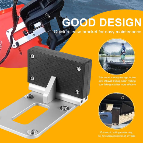 Universal Transom Trolling Motor Mounting Bracket for Kayaks and Small Boats Clamp On Electric Motor Bracket installed on a kayak.
