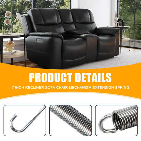 2 Pack Heavy Duty 7 Inch Recliner Tension Springs For Sofa Chair Mechanism Replacement featuring black reclining sofa and detailed springs.