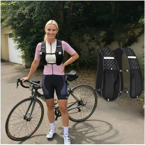 Woman in Lightweight Unisex Running Vest with Phone Pocket and Hydration Pack next to a bicycle outdoors.