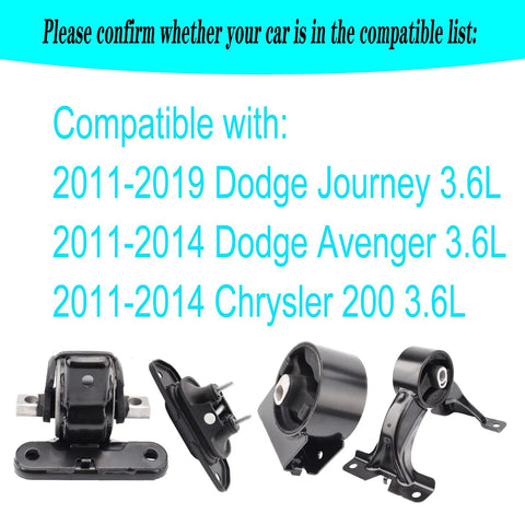 Engine Mount And Transmission Mount Kit For 2011-2019 Dodge Journey 3.6L FWD And 2011-2014 Avenger 3.6L Chrysler 200 3.6L