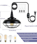 Sick Style Industrial Black Cage Plug In Pendant Light With Dimmable Switch Wall Outlet Fixture, 10.7in height, iron, perfect for kitchen islands.