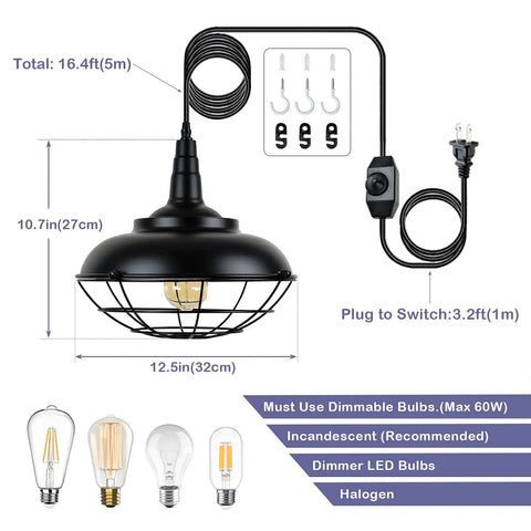 Sick Style Industrial Black Cage Plug In Pendant Light With Dimmable Switch Wall Outlet Fixture, 10.7in height, iron, perfect for kitchen islands.