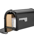 Hillsborough Heavy Duty Post Mounted Mailbox In Black With Magnetic Latch Weatherproof Galvanized Steel Curbside Mailbox open with mail inside