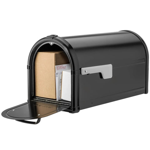 Hillsborough Heavy Duty Post Mounted Mailbox In Black With Magnetic Latch Weatherproof Galvanized Steel Curbside Mailbox open with mail inside