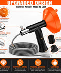Heavy Duty Drain Snake Auger With Slick Flex Steel Cable For Knocking Out Stubborn Hair And Sink Clogs In Bathroom Or Shower Includes Grippy Work Gloves For A No Sweat Cleanup Fix Bright Orange showing ergonomic handle and steel cable.