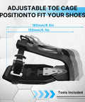 Toe Cage Adapters For Peloton Bike And Road Cleats Convert SPD-SL Look Delta Keo To Toe Cages With Strap Ride In Sneakers Easy To Install Indoor Cycling Pedal Accessories showing adjustable position with dimensions and tools included.