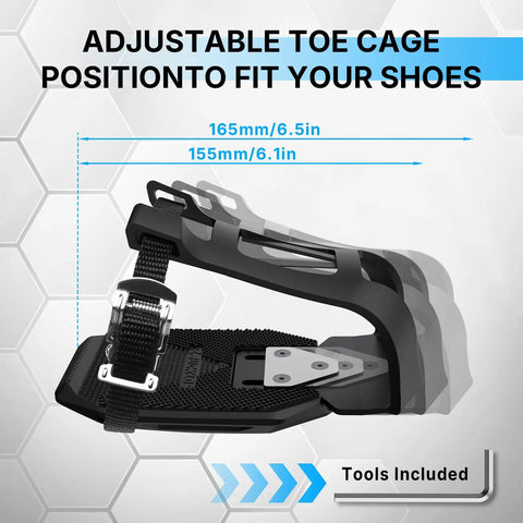 Toe Cage Adapters For Peloton Bike And Road Cleats Convert SPD-SL Look Delta Keo To Toe Cages With Strap Ride In Sneakers Easy To Install Indoor Cycling Pedal Accessories showing adjustable position with dimensions and tools included.