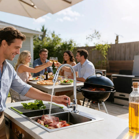 Man using Single Lever Flexible Pull Out Kitchen Water Tap With Deck Mount Cold Water Basin Faucet in outdoor kitchen setup