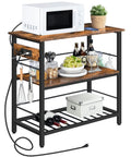 Do It All Kitchen Island With Power Outlet And Storage, 35.4 Inch Long Three Tier Coffee Station And Microwave Stand, Rustic Brown And Black Finish For Home Or Dining Room with various kitchen items and fruits.