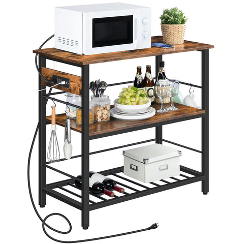 Do It All Kitchen Island With Power Outlet And Storage, 35.4 Inch Long Three Tier Coffee Station And Microwave Stand, Rustic Brown And Black Finish For Home Or Dining Room with various kitchen items and fruits.