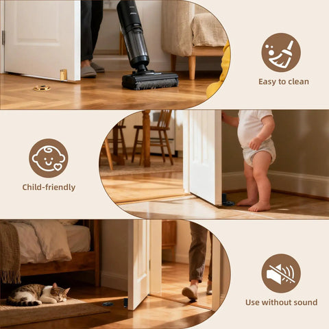 Kickass Magnetic Door Stopper Windproof Floor Hold Open Latch With Strong Adhesive Or Screw Mount For Easy No Sweat Install and Premium Heavy Duty Door Protection in a child-friendly home setting.