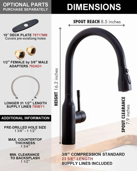 Colin Black Kitchen Faucet With Pull Down Sprayer And Magnetic Docking showcasing dimensions and installation details