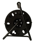 Heavy Duty Metal Extension Cord Reel Stand For 100 Ft 14 3 Cords, Rugged Black Base, Front View, Smooth Reeling Handle