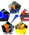 2 Pack Long Neck Oil Funnel for Cars and Engines Multi Function Plastic Fuel And Lubricant Funnel for Easy Oil Filling Universal Engine Oil Funnel Set Blue and Orange in use