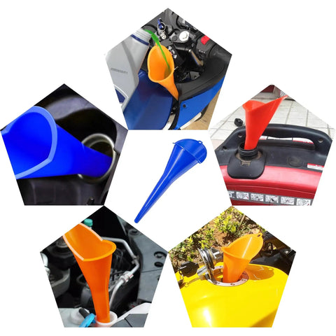 2 Pack Long Neck Oil Funnel for Cars and Engines Multi Function Plastic Fuel And Lubricant Funnel for Easy Oil Filling Universal Engine Oil Funnel Set Blue and Orange in use