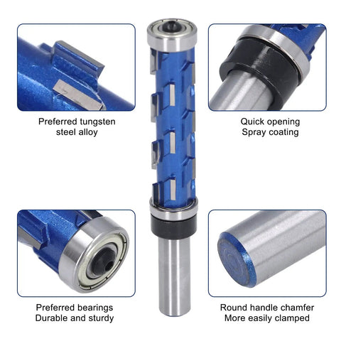 Heavy Duty Tungsten Steel Double Bearing Router Bit For Woodworking Trim Tool with blue spray coating and durable bearings.