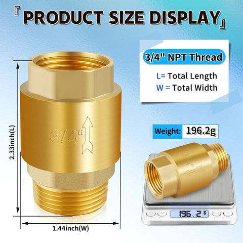Brass 3/4in NPT inline spring check valve, non-return, female-to-male threaded for water systems