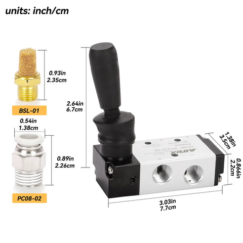 Hand Lever Pneumatic Valve With Manual Override 5 Port 2 Position One Quarter Inch NPT Built Tough Aluminum Body dimensions