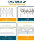 Steps to set up Heavy Duty 10x20 Pop Up Canopy Tent With Six Sidewalls, Waterproof Party Shelter, showing hexagonal frame and setup process.