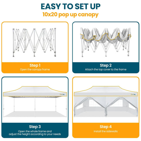 Steps to set up Heavy Duty 10x20 Pop Up Canopy Tent With Six Sidewalls, Waterproof Party Shelter, showing hexagonal frame and setup process.