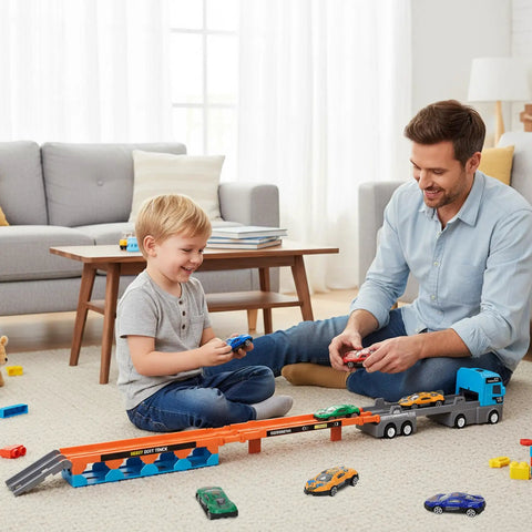 Father and son playing with 2-in-1 Foldable Race Track Truck Playset For Kids Ages 4 To 8 Transforms From Carrier To A 55 Inch Foldable Track