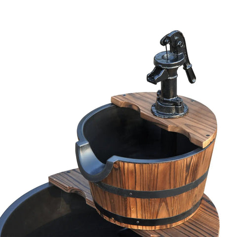 Front view of Go-To Wood Freestanding Two Tier Waterfall Barrel Fountain with Electric Pump, classic faucet, wooden design.