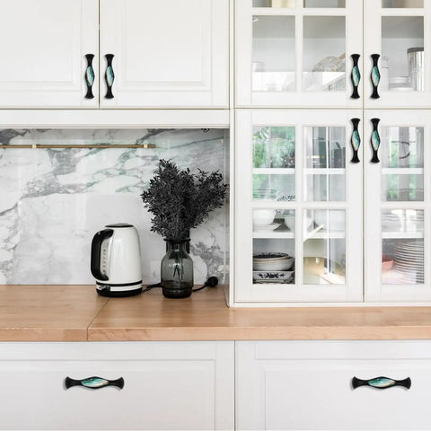 Four Pack Black Arch Cabinet Handles With Slick Marble Finish And Crystal Glass For Kitchen Drawers Bathroom Vanities And Furniture 5.6 Inch Pulls on white kitchen cabinetry.