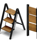 3 Step Aluminum Folding Ladder With Anti Slip Wide Pedals, Ultra Lightweight And Sturdy, Holds Up To 330 Pounds, Black Woodgrain Finish