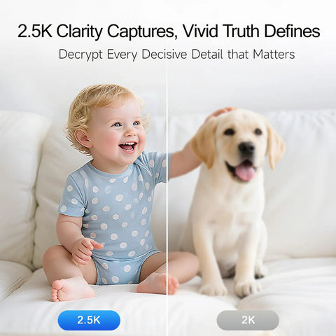 Image comparing 2.5K clarity with 2K, showing a baby and a dog for 2.5K Indoor Security Camera 4 Pack With Free AI Person Pet Cry Detection.