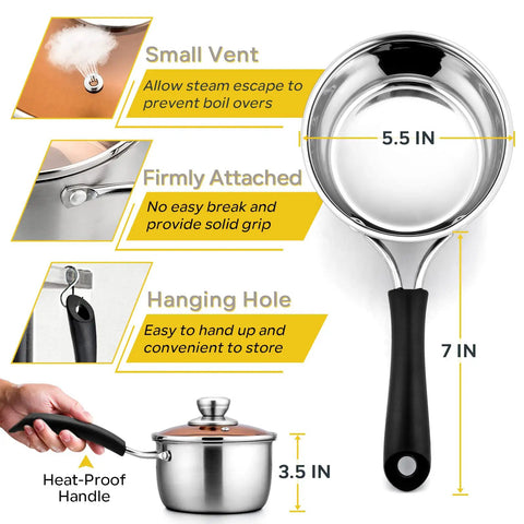 1 Quart Stainless Steel Saucepan With Glass Lid for Easy Cooking, features include small vent, solid handle, and hanging hole.