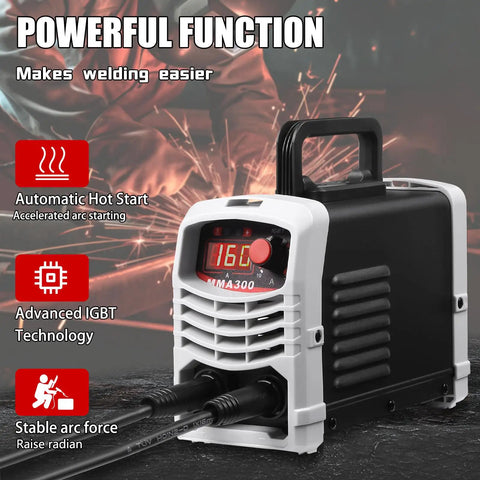 MMA300 Electric Arc Welder Stick Welder Portable Mini IGBT Inverter With Synergic Control for beginners, shown with handle and controls.