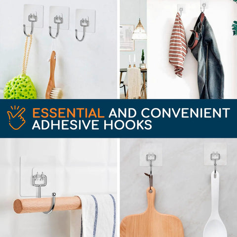 No Drill Adhesive Wall Hooks For Heavy Duty 22-Pound Capacity, Clear And Nearly Invisible, holding various home items
