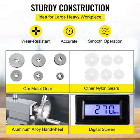 Garage Ready Mini Metal Lathe With One Point One Kw Motor And Butter Smooth Infinite Speed Dials Featuring Sharp Led Readout For Flawless Counter Face Turning And Quick Drilling Tasks, showing metal gears and digital screen.