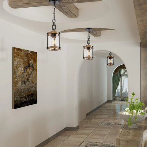 Farmhouse Pendant Lighting For Kitchen Island With Faux Wood Metal Frame And Bubbled Glass Shade For A Cozy Rustic Vibe Ceiling Fixture In Dining Room And Hallway