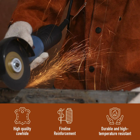 Person grinding metal wearing Flame Resistant Heavy Duty Leather Welding Jacket Built Tough With Split Cowhide For Maximum Heat And Spark Protection Kevlar Thread Seams Pro Grade Welders Workwear Medium.