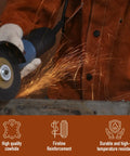 Person wearing Flame Resistant Heavy Duty Leather Welding Jacket With Split Cowhide For Spark Protection And Heat Shield With Kevlar Thread Construction Pro Grade Gear For Serious Welders Extra Large Size using angle grinder, sparks flying.